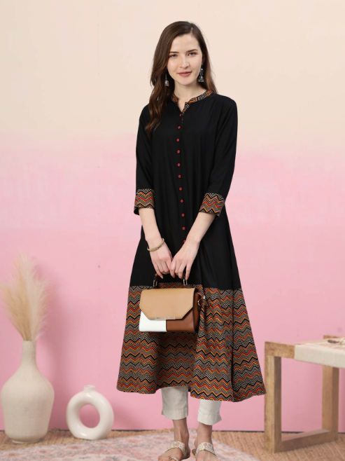 Rayon & Cotton Cambric Zig-Zag Printed A-line Kurta