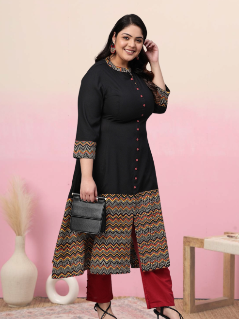 Rayon & Cotton Cambric Zig-Zag Printed A-line Kurta