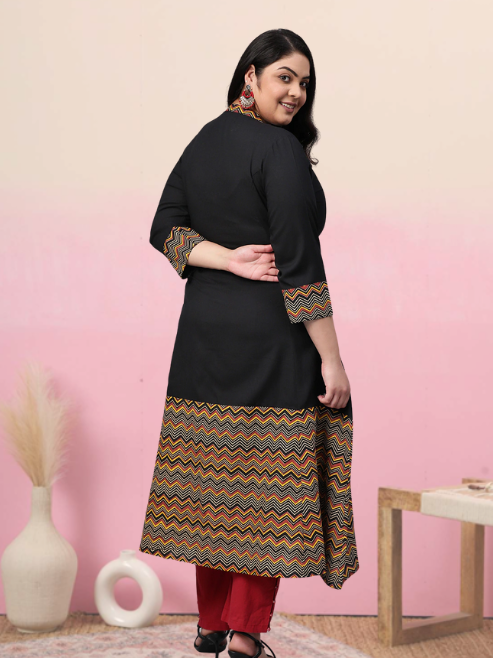Rayon & Cotton Cambric Zig-Zag Printed A-line Kurta
