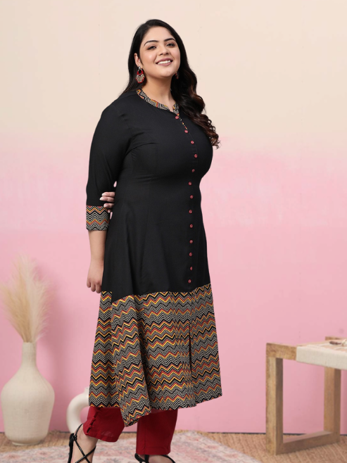 Rayon & Cotton Cambric Zig-Zag Printed A-line Kurta