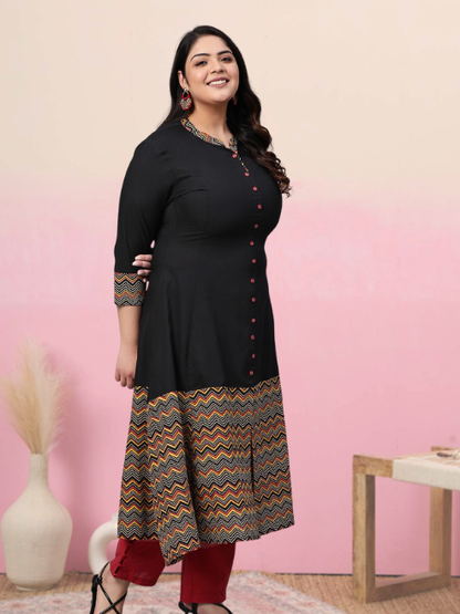 Rayon & Cotton Cambric Zig-Zag Printed A-line Kurta