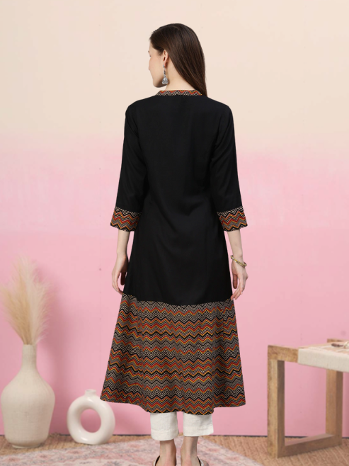 Rayon & Cotton Cambric Zig-Zag Printed A-line Kurta