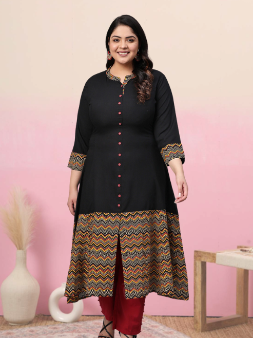 Rayon & Cotton Cambric Zig-Zag Printed A-line Kurta