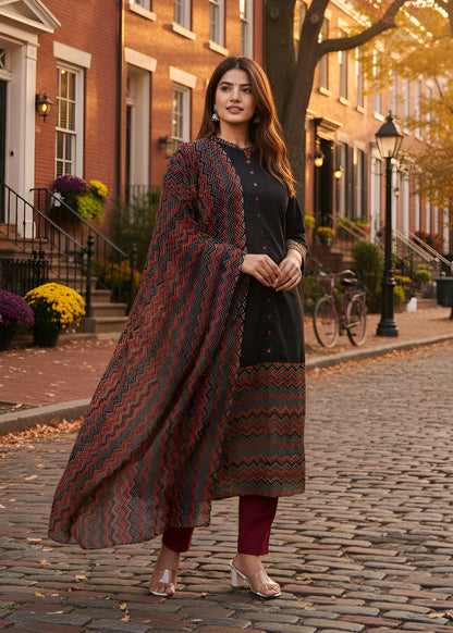 YASH GALLERY Women's Rayon Calf Length Zigzag Printed 3/4th Sleeve Regular Fitted Black A-line Kurta with Zig-Zag Printed Dupatta