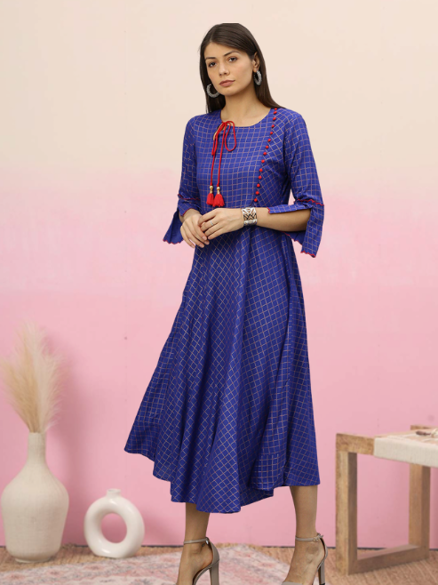 Rayon Checkered Printed Anarkali Kurta