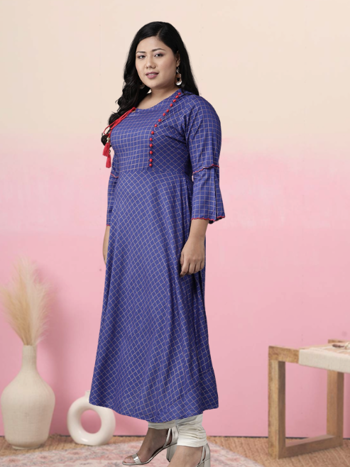 Rayon Checkered Printed Anarkali Kurta