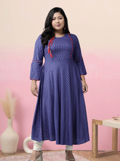 Rayon Checkered Printed Anarkali Kurta