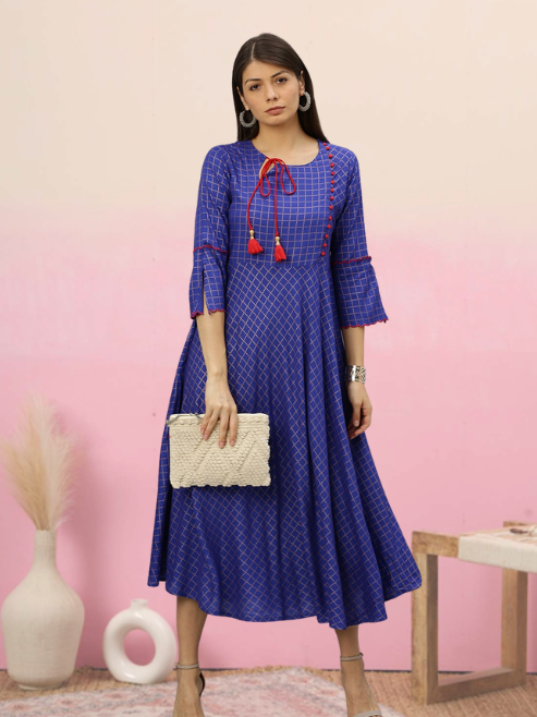 Rayon Checkered Printed Anarkali Kurta