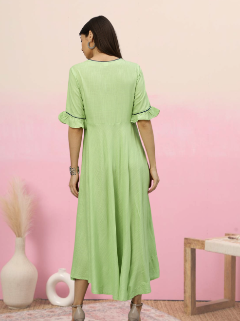 women rayon slub embroidered anarkali kurta dress green