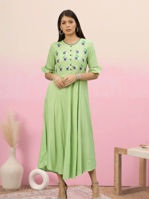 women rayon slub embroidered anarkali kurta dress green