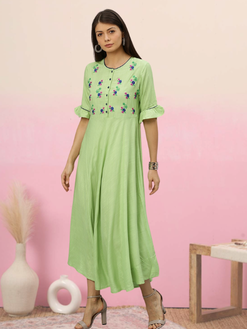 women rayon slub embroidered anarkali kurta dress green