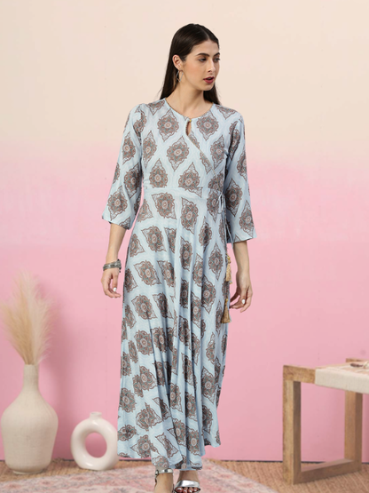 Rayon Buta Printed Angrakha Kurta (Blue)