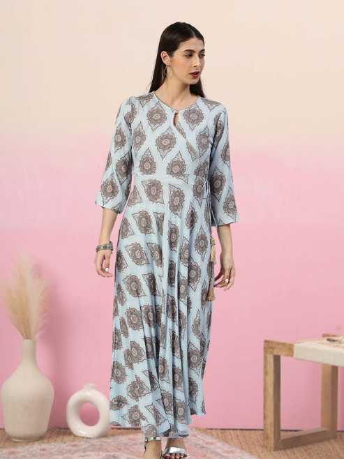 Rayon Buta Printed Angrakha Kurta (Blue)