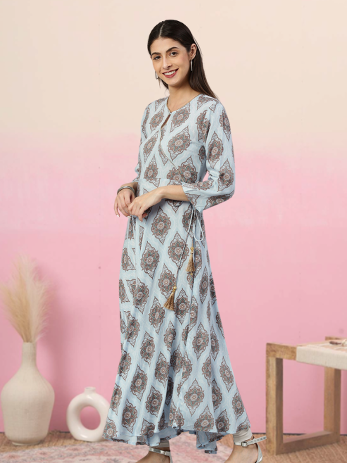 Rayon Buta Printed Angrakha Kurta (Blue)