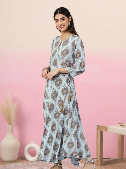 Rayon Buta Printed Angrakha Kurta (Blue)