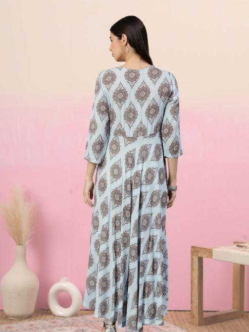 Rayon Buta Printed Angrakha Kurta (Blue)