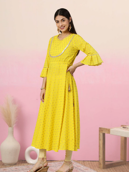 women cambric cotton golden butti printed anarkali kurta yellow