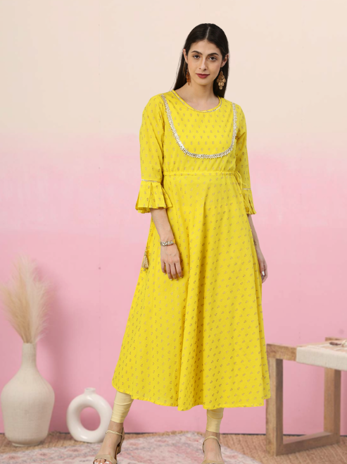 Cambric Cotton Golden Butti Printed Anarkali Kurta (Yellow)