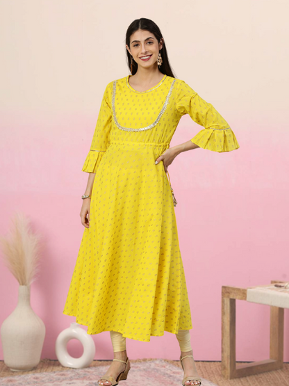 women cambric cotton golden butti printed anarkali kurta yellow