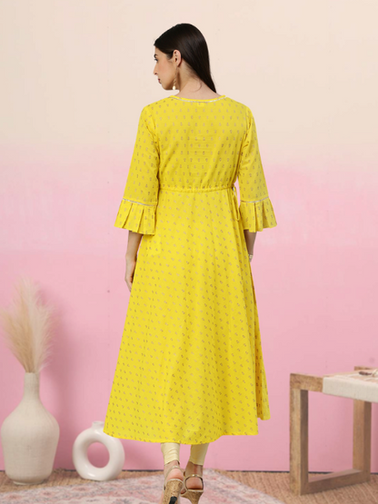 women cambric cotton golden butti printed anarkali kurta yellow