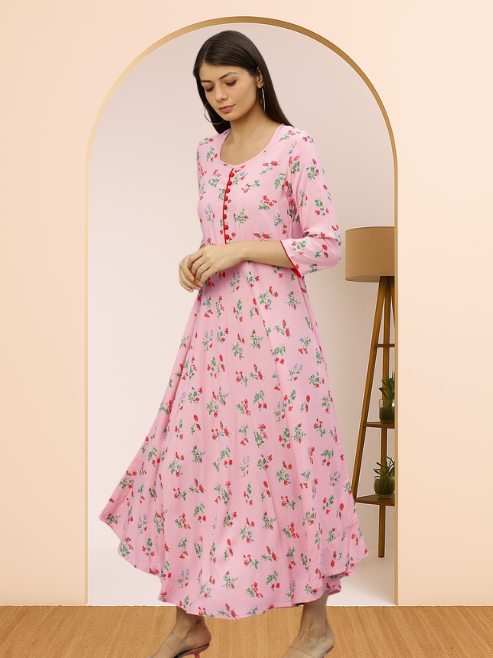 women rayon floral printed anarkali kurta dress pink