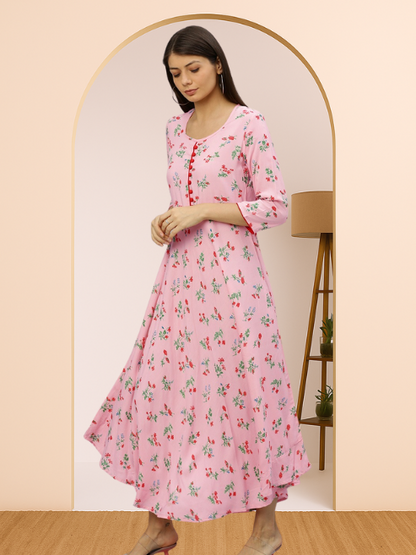 women rayon floral printed anarkali kurta dress pink
