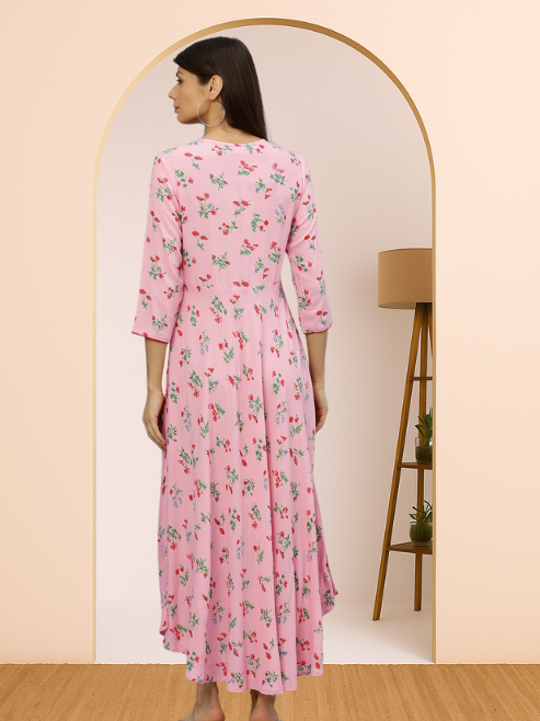 women rayon floral printed anarkali kurta dress pink