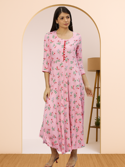 women rayon floral printed anarkali kurta dress pink