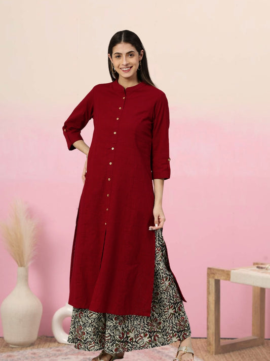 Yash Gallery Women's Cotton Slub Calf Length 3/4th Sleeve Straight Kurta with Kalamkari Printed Palazzo