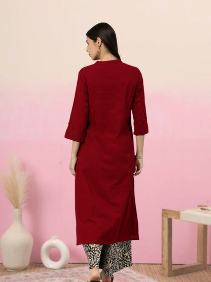 women cotton slub solid straight kurta with ajarak printed palazzo set maroon