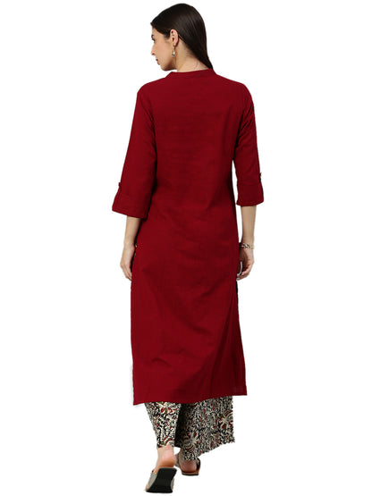 YASH GALLERY Women's Cotton Slub Solid Straight Kurta with Ajarak Printed Palazzo Set Plus Size