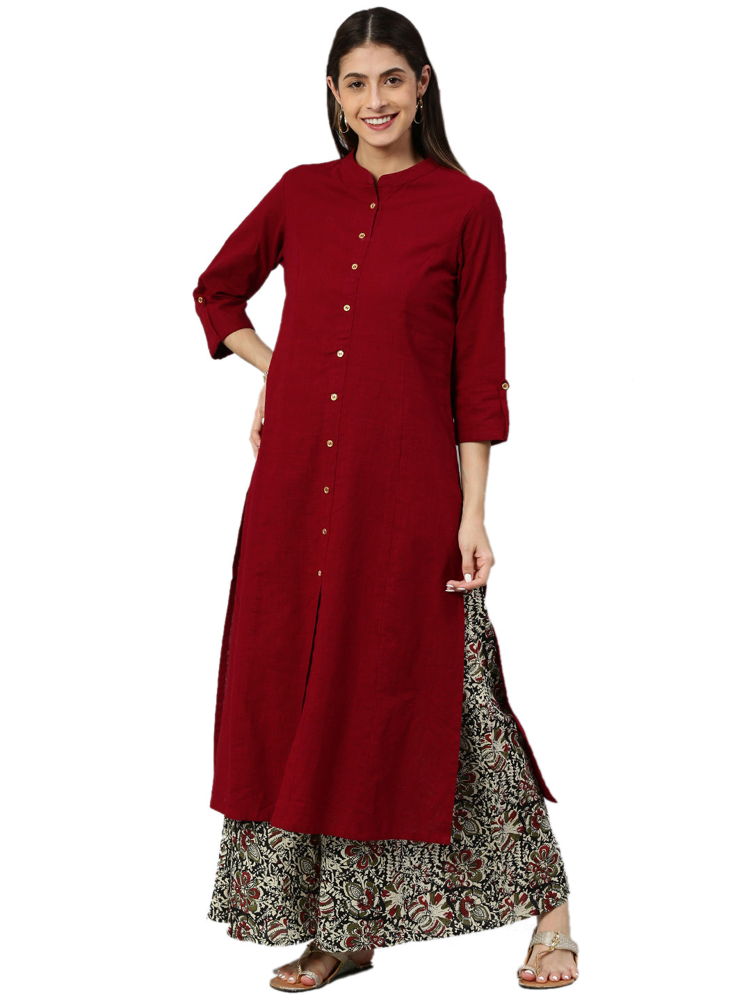 YASH GALLERY Women's Cotton Slub Solid Straight Kurta with Ajarak Printed Palazzo Set Plus Size