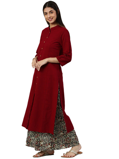 YASH GALLERY Women's Cotton Slub Solid Straight Kurta with Ajarak Printed Palazzo Set Plus Size