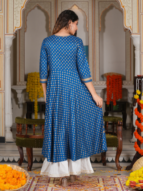 Rayon Golden Buti Printed Anarkali Kurta (Blue)