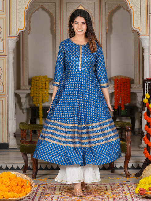 Rayon Golden Buti Printed Anarkali Kurta (Blue)