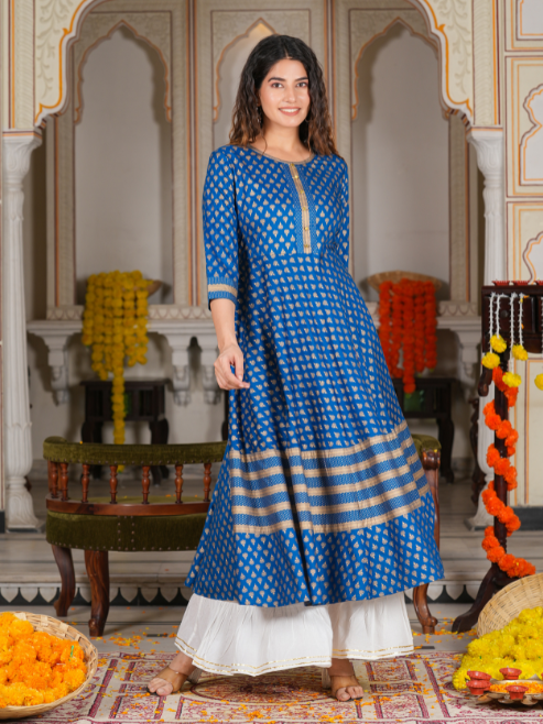 Rayon Golden Buti Printed Anarkali Kurta (Blue)