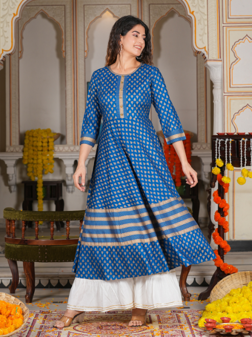 Rayon Golden Buti Printed Anarkali Kurta (Blue)