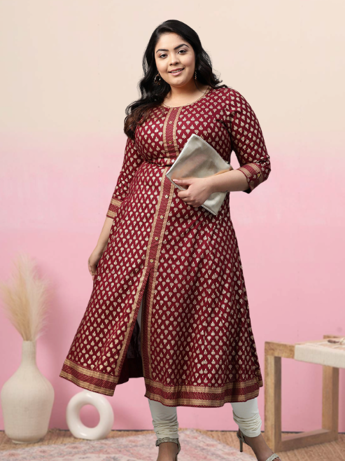 women rayon golden buti printed a line kurta