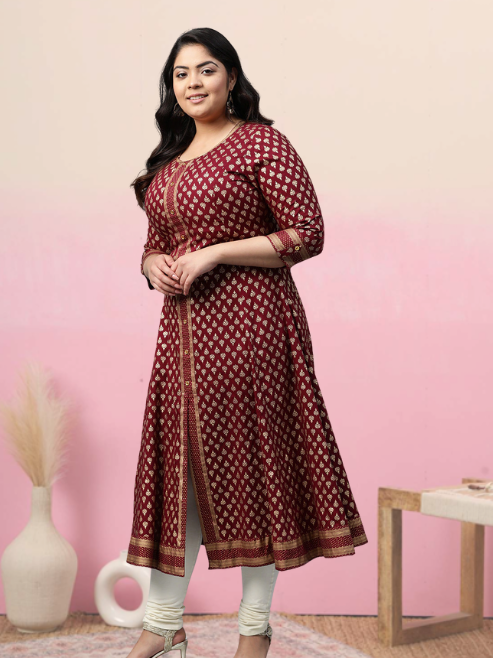 women rayon golden buti printed a line kurta