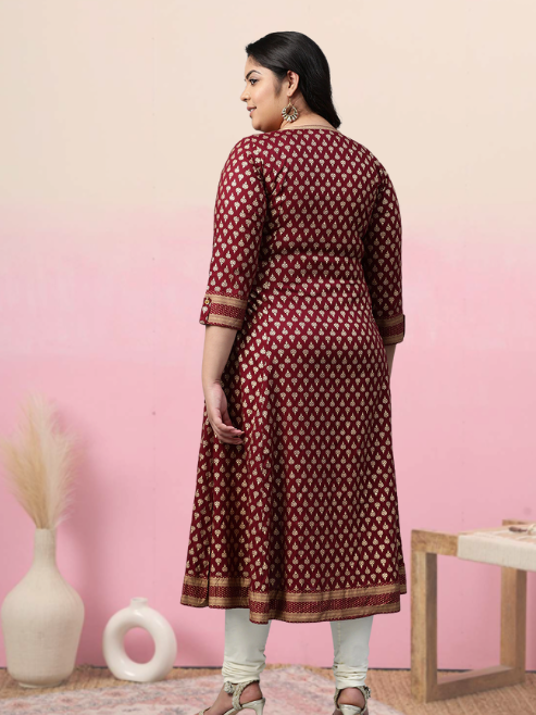 women rayon golden buti printed a line kurta