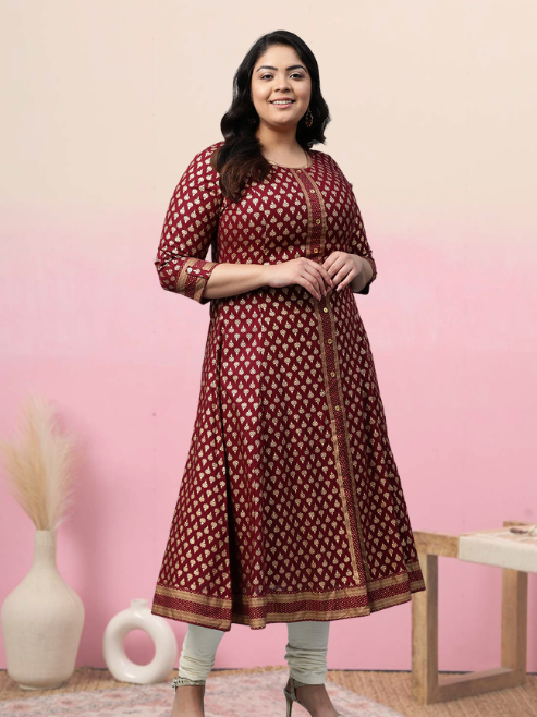 women rayon golden buti printed a line kurta