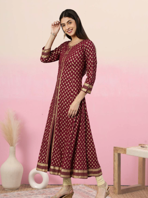 women rayon golden buti printed a line kurta