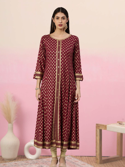 women rayon golden buti printed a line kurta