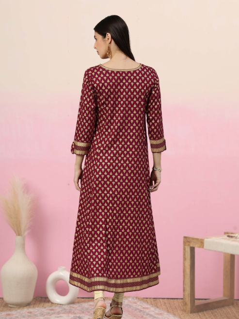 women rayon golden buti printed a line kurta