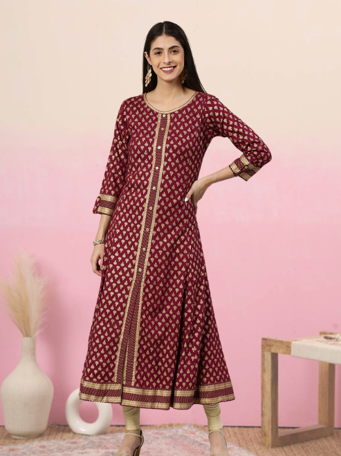 women rayon golden buti printed a line kurta