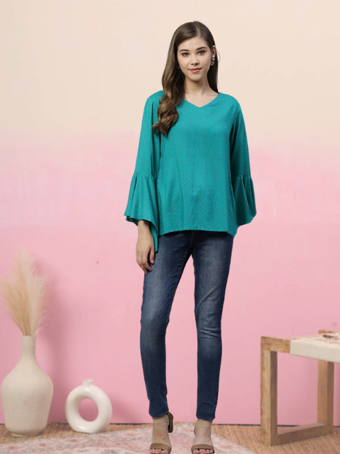 women rayon checkered printed regular top rama green