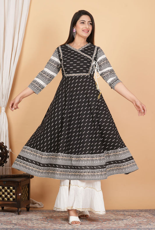 Cotton & Cotton Slub Ikat Printed Anarkali Kurta Dress