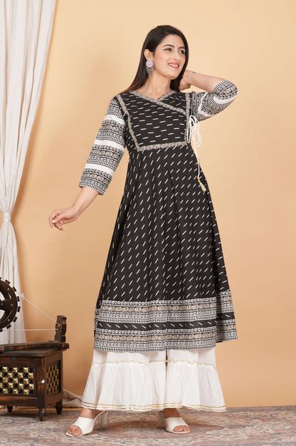 Cotton & Cotton Slub Ikat Printed Anarkali Kurta Dress