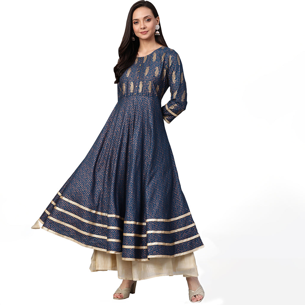 Rayon Copper & Gold Printed Anarkali Kurta