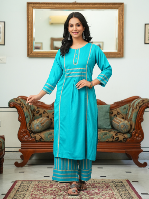Rayon Gold Printed Straight Kurta & Palazzo Set (Teal)